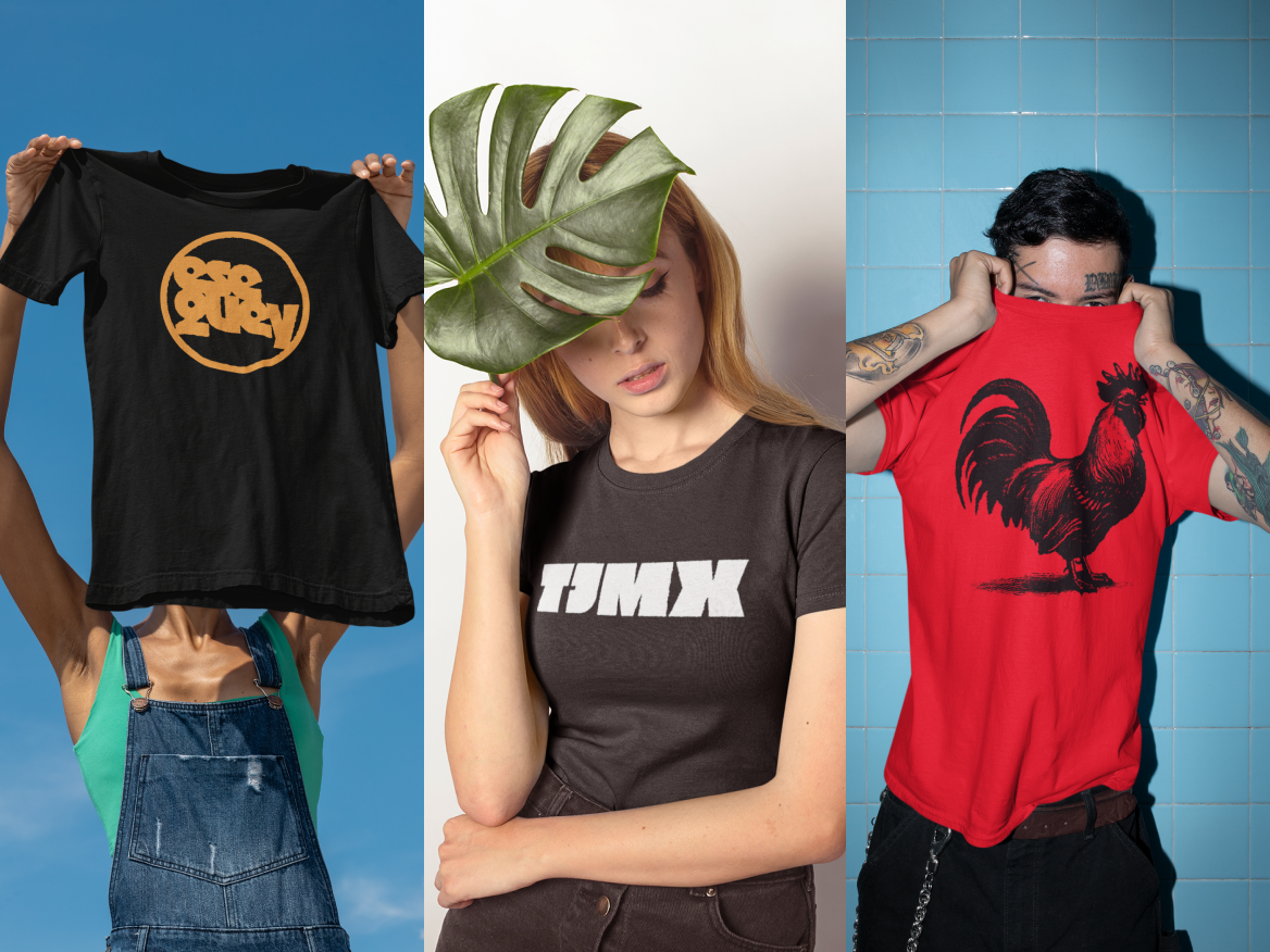 Eseguey Brand apparel — three t-shirt designs worn against sky, studio, and tile backdrops